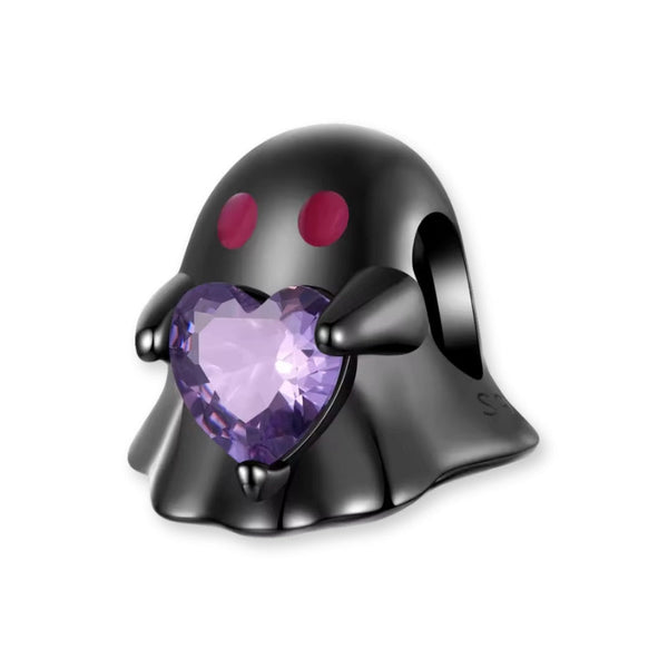 Gespenst Charm aus 925er Silber, schwarz emailliert mit lila Herz-Kristall – verspielter Anhänger für Halloween & magische Momente.