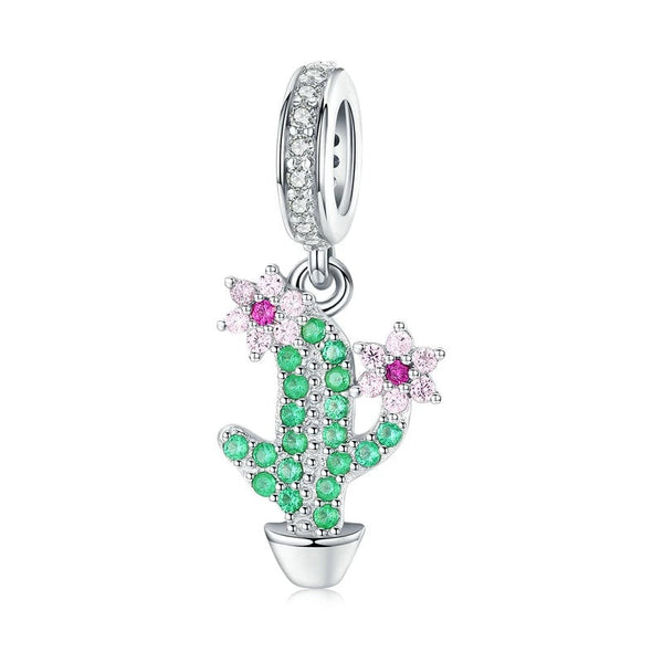 Kaktus Charm-Anhänger 925er Sterlingsilber mit Kristallen und Blüten - Sommer Charm für Armband - FALKENKOENIG Schmuck
