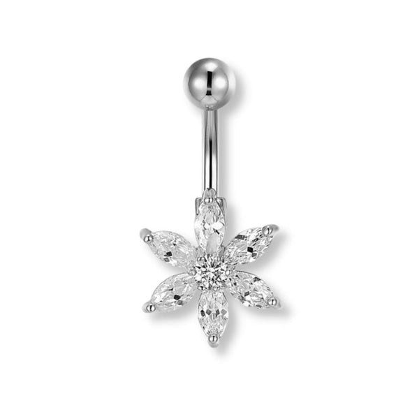 Bauchnabelpiercing aus Titan in Silber. Bei Lichteinfall lassen die Kristalle dieses Bauchnabelpiercing wundervoll glitzern. Bei Falkenkoenig Schmuck findest du erstklassige Bauchnabelpiercings.