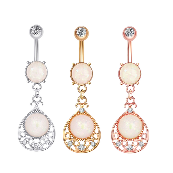 Opal-Zirkon Bauchnabelpiercing aus Chirurgenstahl 316L mit pendelndem Opal-Anhänger – in Silber, Gold oder Roségold erhältlich, edel & glänzend.