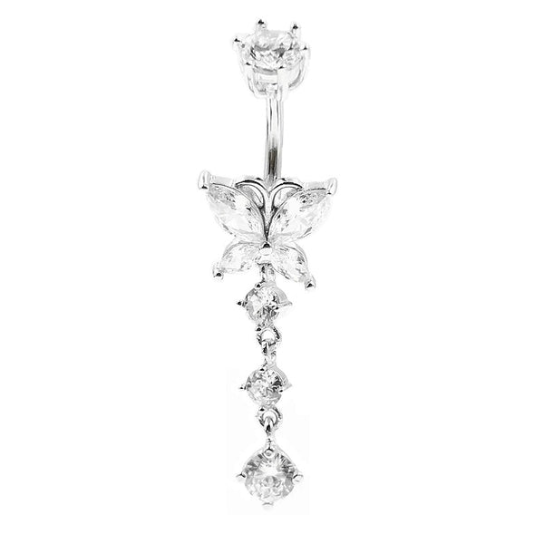 Bauchnabelpiercing aus echtem 925er Sterlingsilber mit Schmetterlingsform oben und drei weißen Zirkonia-Steinen als Anhänger unten. Farbe: Silber. Hochwertiges Schmuckstück für den Bauchnabel.