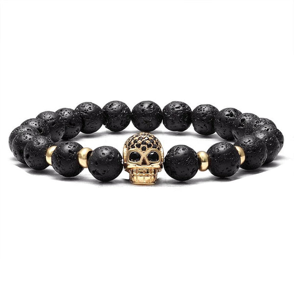 Lavastein Perlen Armband mit Totenkopf Gold - FALKENKOENIG SCHMUCK & Piercing Online Shop