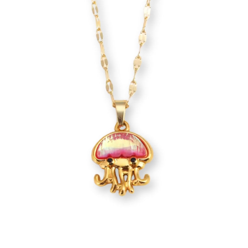 Goldene Quallen Halskette aus wasserfestem Edelstahl mit schimmerndem Anhänger in Lila, Mintblau oder Pink inklusive Halskette.