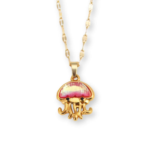 Goldene Quallen Halskette aus wasserfestem Edelstahl mit schimmerndem Anhänger in Lila, Mintblau oder Pink inklusive Halskette.