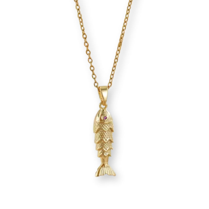 Fisch Halskette aus Edelstahl mit goldenem Fisch Anhänger und Edelstahlkette, wasserfester maritimer Schmuck für Damen und Herren.