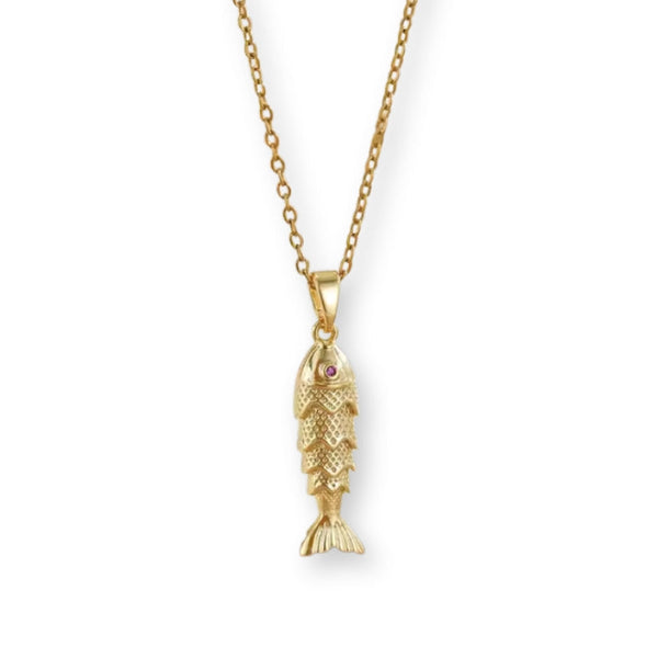 Fisch Halskette aus Edelstahl mit goldenem Fisch Anhänger und Edelstahlkette, wasserfester maritimer Schmuck für Damen und Herren.