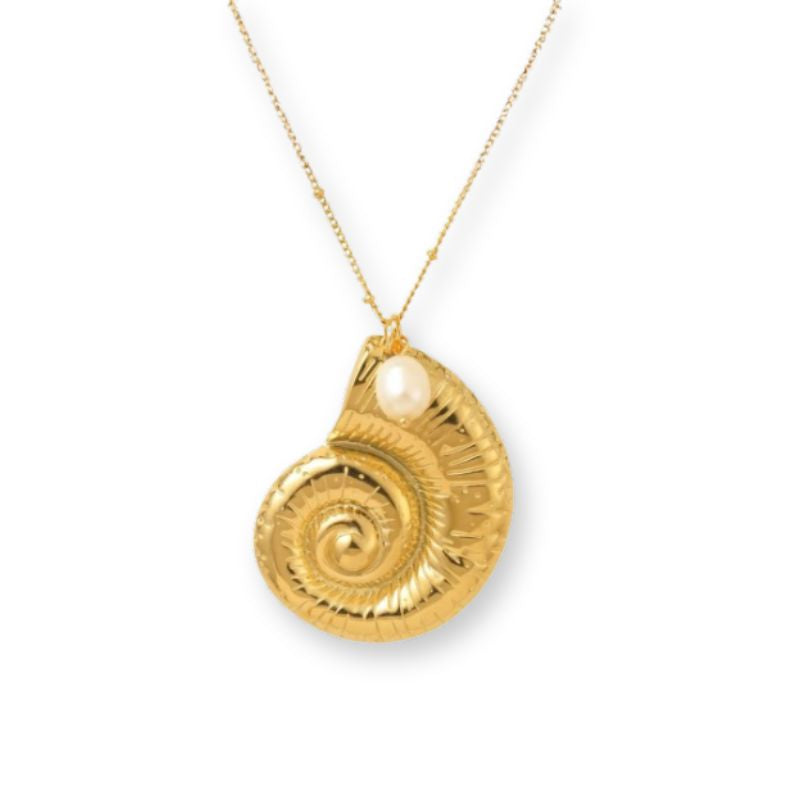mmonit Halskette aus Edelstahl mit Fossil Anhänger und echter Süßwasserperle, wasserfeste Halskette für Damen.