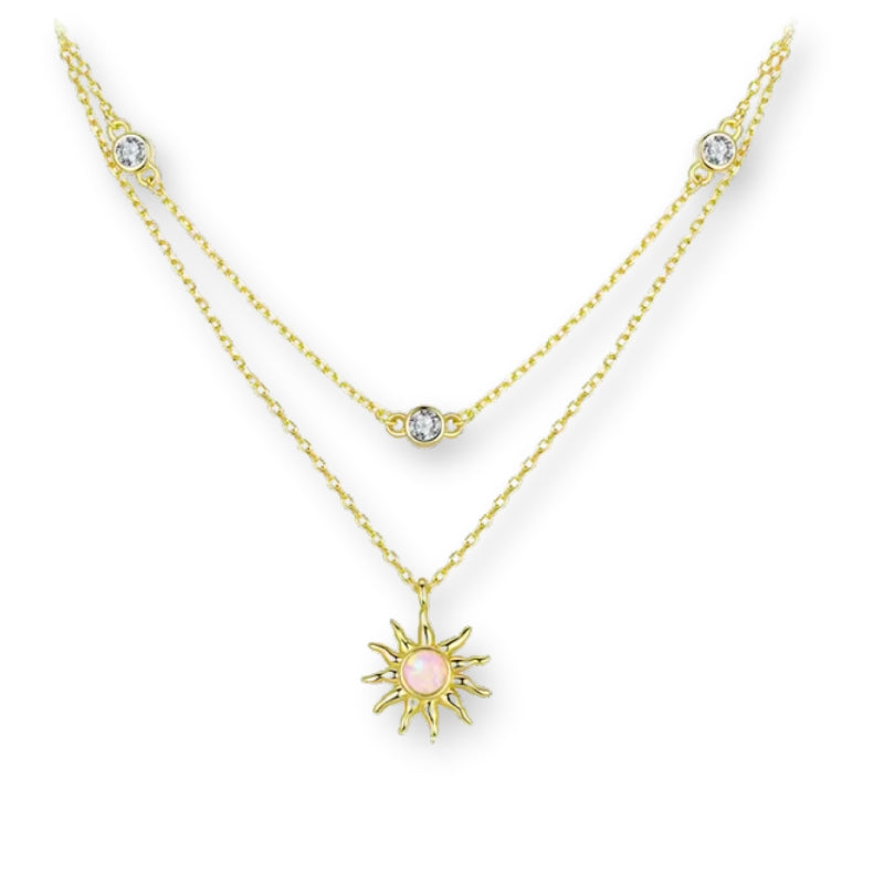Sonnen Halskette aus 925er Sterlingsilber mit Opal Anhänger, Layering Kette mit Kristallen in Goldoptik.