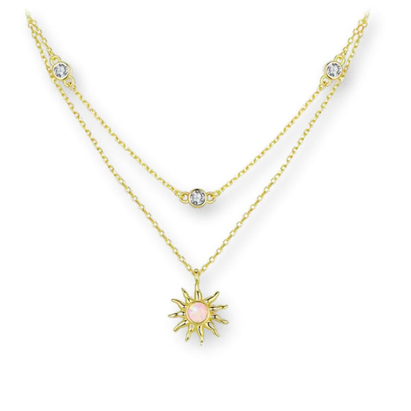 Sonnen Halskette aus 925er Sterlingsilber mit Opal Anhänger, Layering Kette mit Kristallen in Goldoptik.
