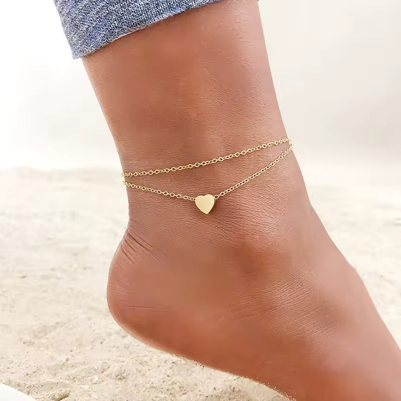 Herzkette Gold Fusskette aus Edelstahl für Damen, elegantes Fußkettchen für Sommer, Strandlook und Alltag, verstellbarer Fußschmuck.