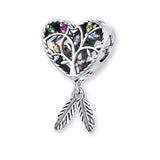 Traumfänger Charm-Anhänger aus 925er Silber in Herzform mit Lebensbaum und farbigen Zirkonia-Kristallen – tragbar an Armband oder Kette.