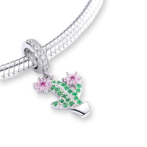 Kaktus Charm-Anhänger 925er Sterlingsilber mit Kristallen und Blüten - Sommer Charm für Armband - FALKENKOENIG Schmuck