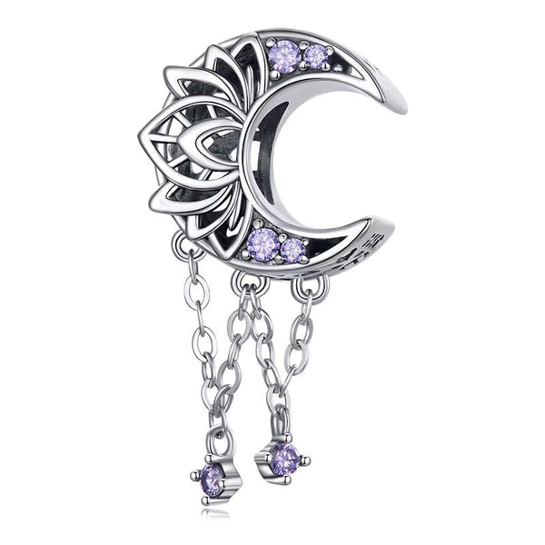 Mond-Lotus Charm-Anhänger aus 925er Silber mit lila Kristallen – spiritueller Schmuck für Balance, Wachstum und Achtsamkeit.