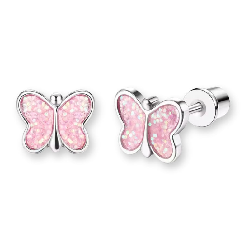 Schmetterling Kinder Ohrstecker aus Edelstahl mit rosa Glitzer und Sicherheitsverschluss, süße Kinderohrringe für Mädchen.