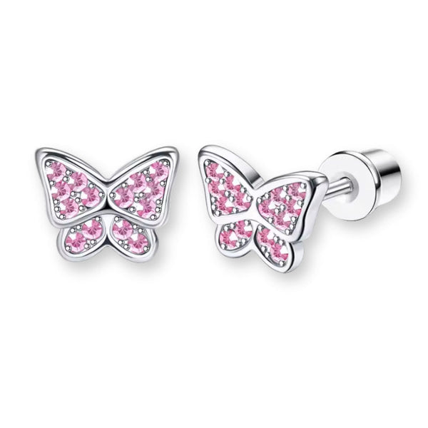 Schmetterling Kinder Ohrstecker aus Edelstahl mit rosa Glitzer und Sicherheitsverschluss, süße Kinderohrringe für Mädchen.