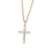 Gold Kreuz-Halskettenanhänger aus 925er Sterlingsilber mit vielen kleinen Kristallen – filigran, glänzend und spirituell auf hellem Hintergrund.