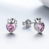 Rosa Kristall Herz Ohrstecker mit Krone aus 925er Silber – verspielter Schmuck, ideal als Kinderschmuck oder romantisches Accessoire.