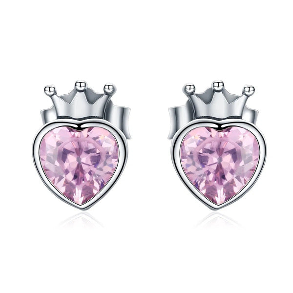 Rosa Kristall Herz Ohrstecker mit Krone aus 925er Silber – verspielter Schmuck, ideal als Kinderschmuck oder romantisches Accessoire.