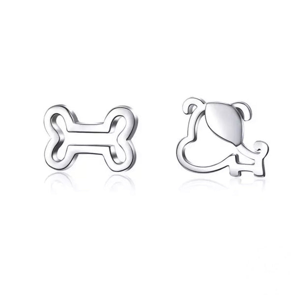 Hunde & Knochen Ohrstecker aus 925er Silber – asymmetrisches Ohrstecker-Set, cooles Schmuckstück für Tierliebhaber.