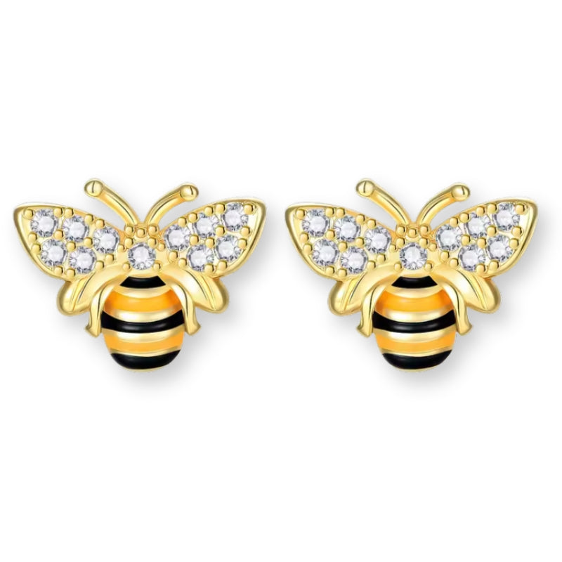 Goldfarbene Honigbienen Ohrstecker aus 925 Sterling Silber mit funkelnden Zirkonia Kristallen, schwarz-gelben Streifen und filigranen Flügeln.