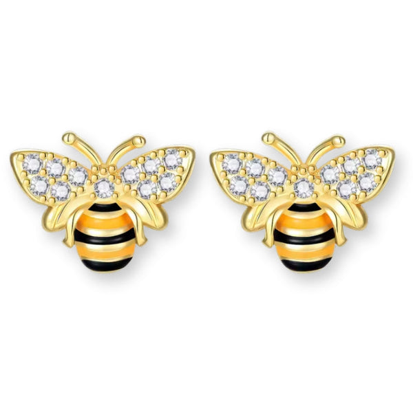 Goldfarbene Honigbienen Ohrstecker aus 925 Sterling Silber mit funkelnden Zirkonia Kristallen, schwarz-gelben Streifen und filigranen Flügeln.