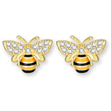 Goldfarbene Honigbienen Ohrstecker aus 925 Sterling Silber mit funkelnden Zirkonia Kristallen, schwarz-gelben Streifen und filigranen Flügeln.