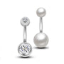 Bauchnabelpiercing Set aus Chirurgenstahl 316L – bestehend aus einem Piercing mit Zirkonia-Kristall und einem mit perlenfarbener Kugel, glänzend & hochwertig.