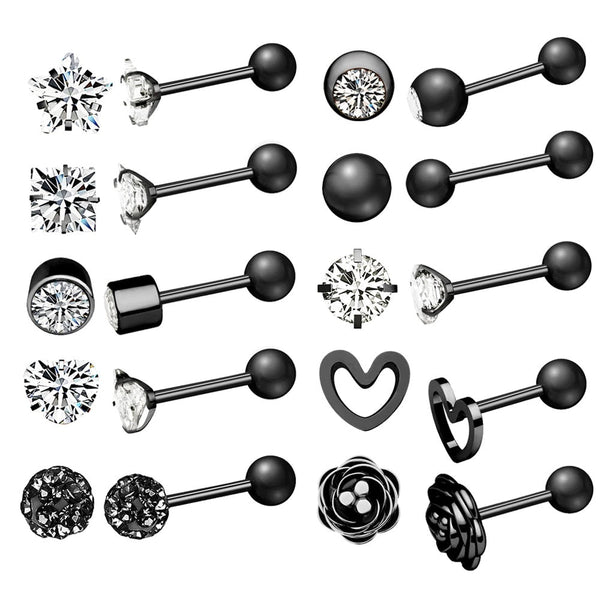 10er Piercing-Set Schwarz aus Chirurgenstahl 316L mit Zirkonia in Roségold, Schwarz und Silber - FALKENKOENIG SCHMUCK
