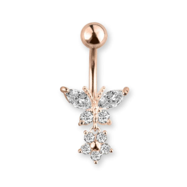 Schmetterling Bauchnabelpiercing aus Chirurgenstahl 316L – in Roségold, Silber oder Gold erhältlich, zartes Design mit glänzender Oberfläche.