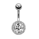 Bauchnabelpiercing aus Chirurgenstahl 316L mit rundem Kristall in der Mitte, umgeben von kleinen eingefassten Kristallen – glänzend, elegant und hautfreundlich - FALKENKOENIG SCHMUCK & Piercing Online Shop