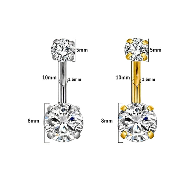 Bauchnabelpiercing aus Chirurgenstahl 316L mit rundem Kristall in der Mitte, umgeben von kleinen eingefassten Kristallen – glänzend, elegant und hautfreundlich.