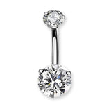 Bauchnabelpiercing aus Chirurgenstahl 316L mit rundem Kristall in der Mitte, umgeben von kleinen eingefassten Kristallen – glänzend, elegant und hautfreundlich.