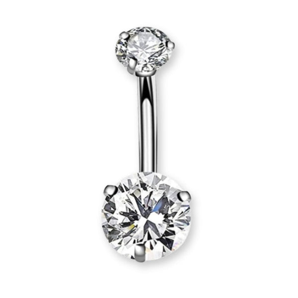 Bauchnabelpiercing aus Chirurgenstahl 316L mit rundem Kristall in der Mitte, umgeben von kleinen eingefassten Kristallen – glänzend, elegant und hautfreundlich.