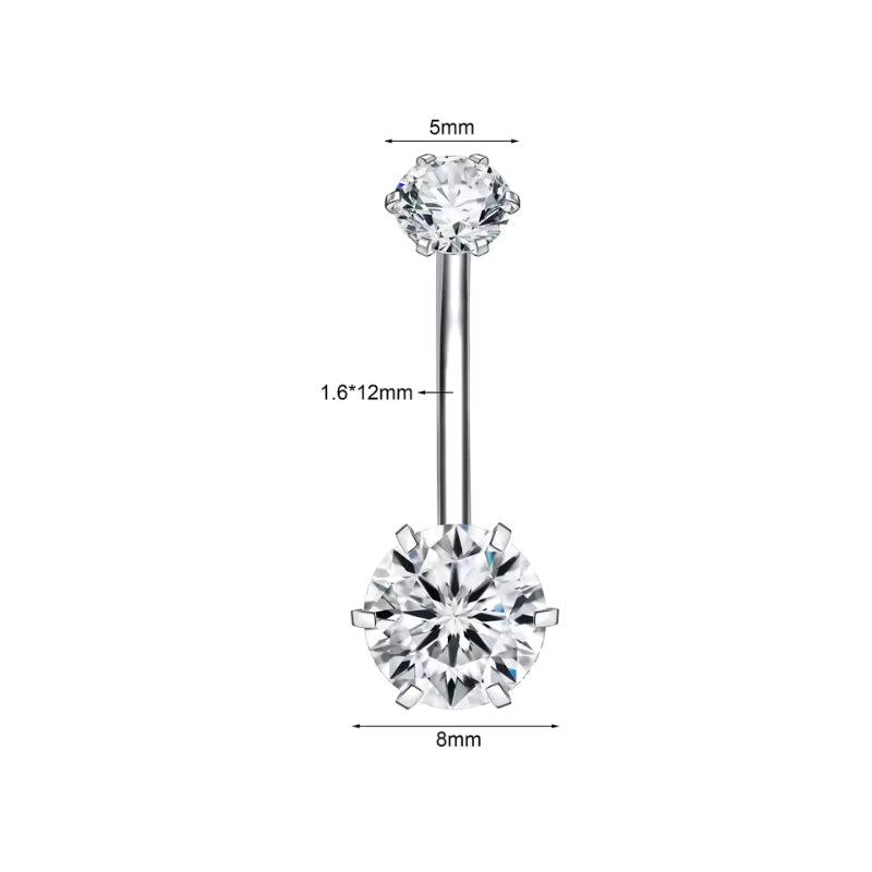 Edelstahl Bauchnabelpiercing mit Innengewinde und Zirkonia Kristallen in Silber oder Gold, erhältlich in verschiedenen Größen.