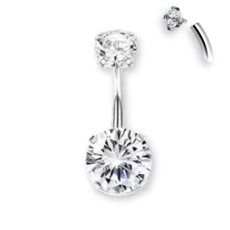 Edelstahl Bauchnabelpiercing mit Innengewinde und Zirkonia Kristallen in Silber oder Gold, erhältlich in verschiedenen Größen.
