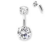 Edelstahl Bauchnabelpiercing mit Innengewinde und Zirkonia Kristallen in Silber oder Gold, erhältlich in verschiedenen Größen.