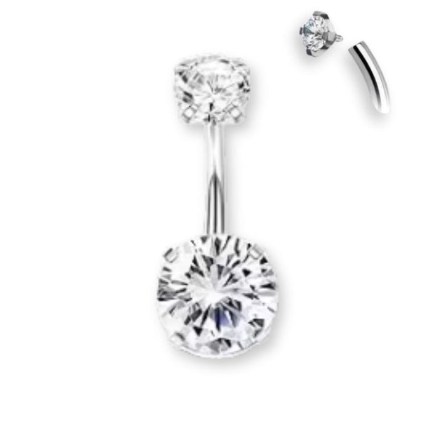 Edelstahl Bauchnabelpiercing mit Innengewinde und Zirkonia Kristallen in Silber oder Gold, erhältlich in verschiedenen Größen.