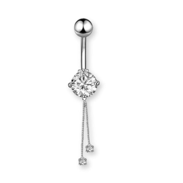 Bauchnabelpiercing aus Chirurgenstahl 316L mit mittlerem Kristall und zwei frei hängenden Kristallen – glänzend, feminin und beweglich. - FALKENKOENIG SCHMUCK & Piercing Online Shop