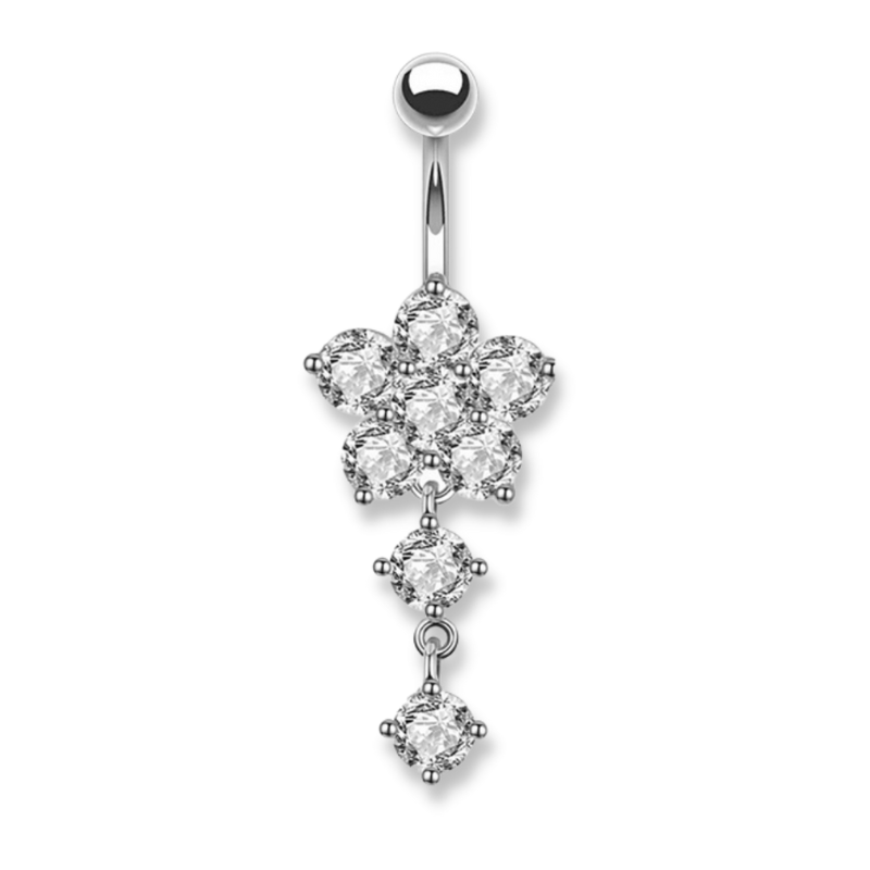 Blumen-Bauchnabelpiercing aus Chirurgenstahl 316L in Gold oder Silber – mit großem Kristall-Blumenanhänger, feminin, glänzend und hochwertig.