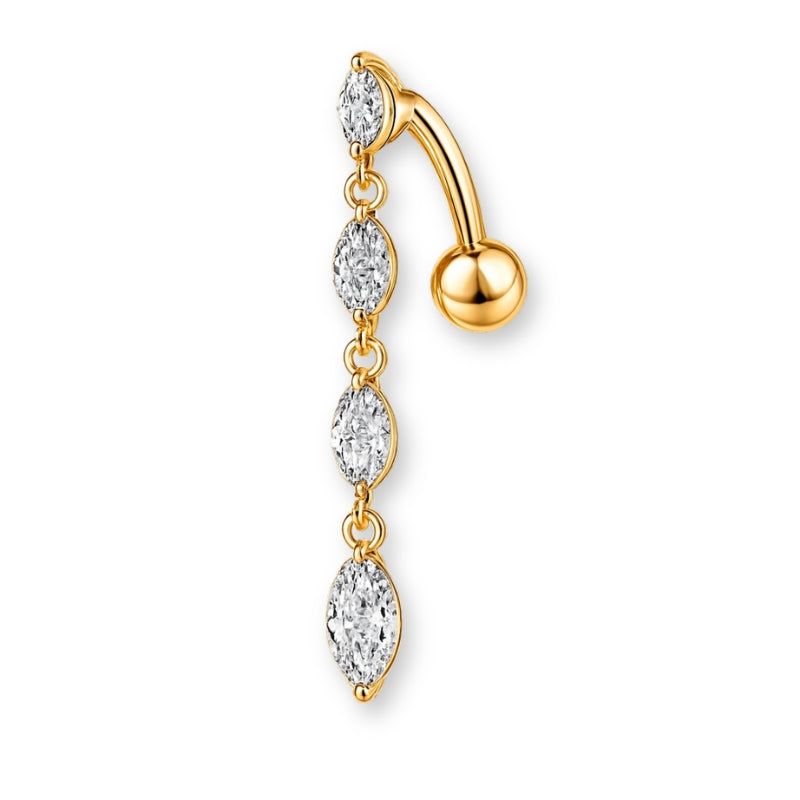 „Tropfen Bauchnabelpiercing aus Titan in Gold mit baumelndem Anhänger und Reverse gebogener Barbell, in allen Größen erhältlich bei Falkenkoenig Schmuck"