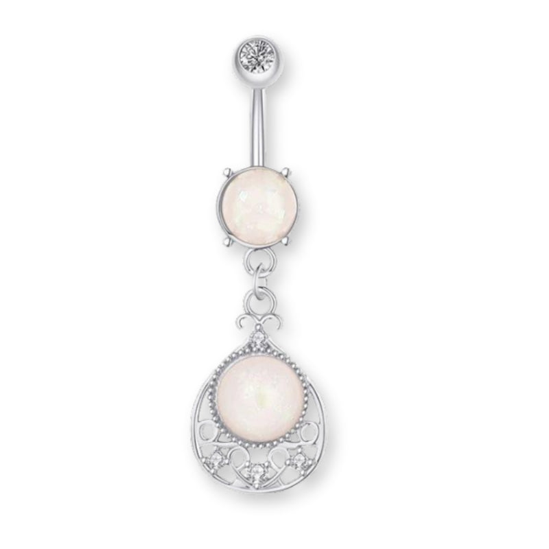 Opal-Zirkon Bauchnabelpiercing aus Chirurgenstahl 316L mit pendelndem Opal-Anhänger – in Silber, Gold oder Roségold erhältlich, edel & glänzend.