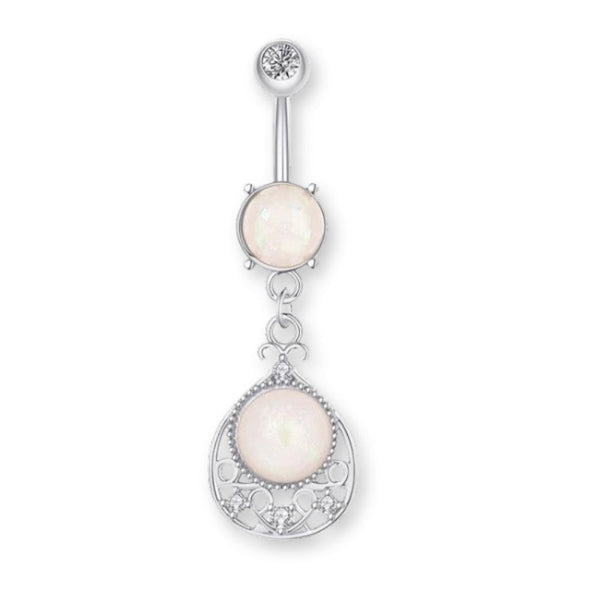 Opal-Zirkon Bauchnabelpiercing aus Chirurgenstahl 316L mit pendelndem Opal-Anhänger – in Silber, Gold oder Roségold erhältlich, edel & glänzend.