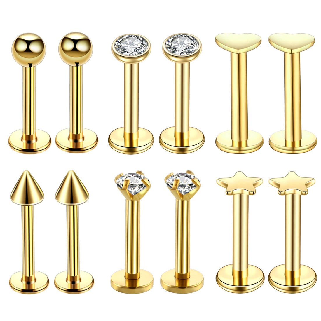 Gold Piercing-Set aus Chirurgenstahl 316L mit Zirkonia für Helix, Tragus und Labret - FALKENKOENIG SCHMUCK