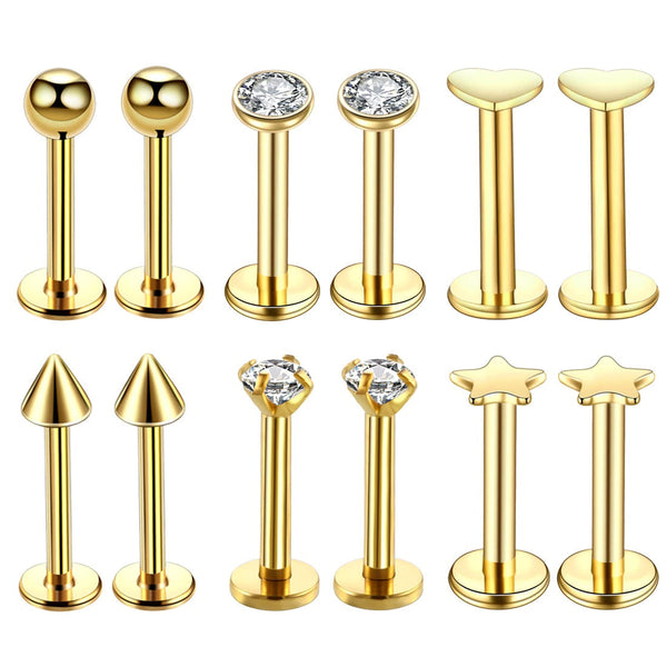 Gold Piercing-Set aus Chirurgenstahl 316L mit Zirkonia für Helix, Tragus und Labret - FALKENKOENIG SCHMUCK