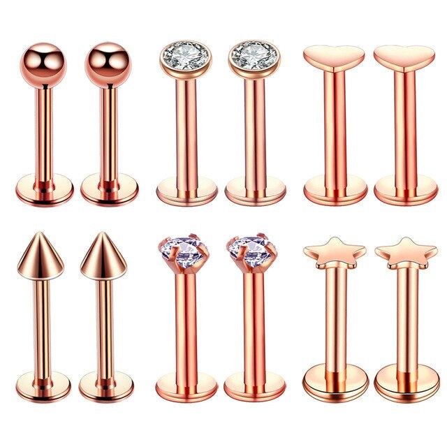Roségold Piercing-Set aus Chirurgenstahl 316L mit Zirkonia für Helix, Tragus und Labret - FALKENKOENIG SCHMUCK
