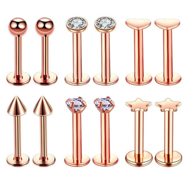 Roségold Piercing-Set aus Chirurgenstahl 316L mit Zirkonia für Helix, Tragus und Labret - FALKENKOENIG SCHMUCK