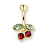 Kirschen Bauchnabelpiercing aus Titan G23 in Silber oder Gold, Cherry Piercing mit roten und grünen Steinen für Damen.