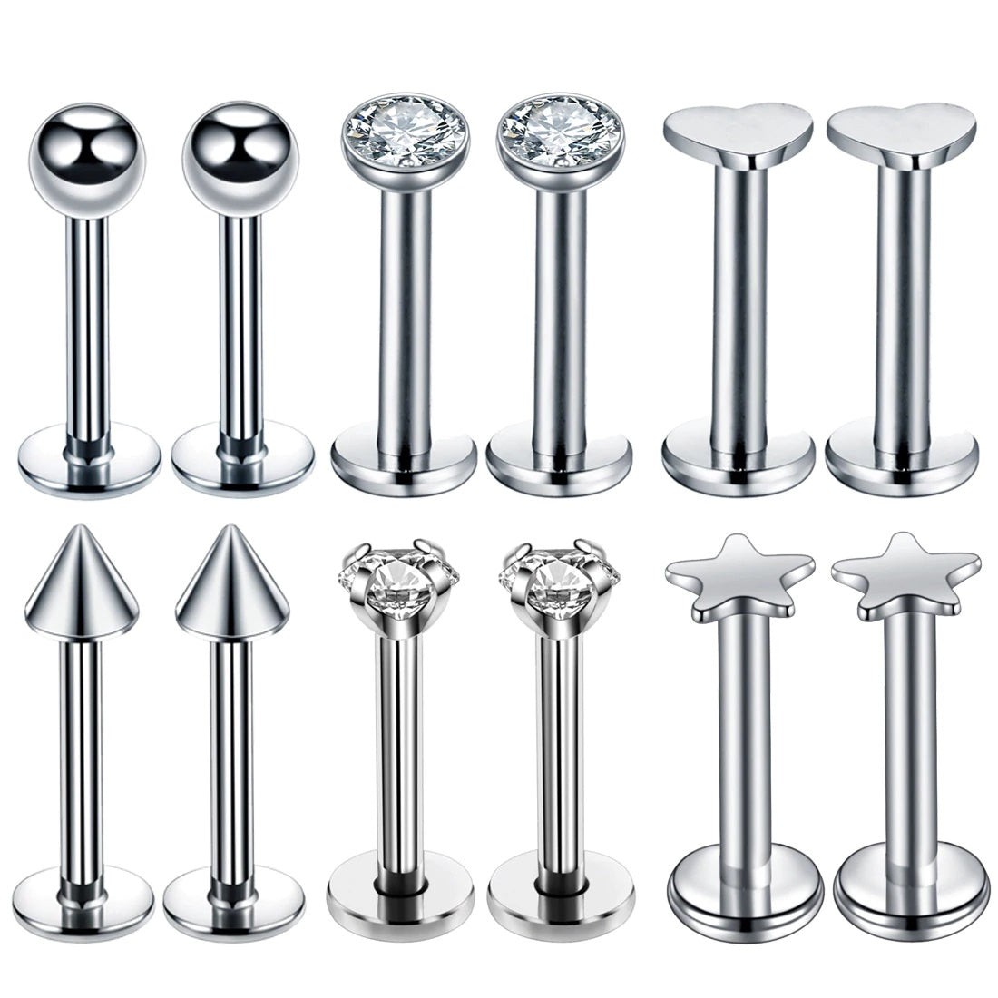 Silber Piercing-Set aus Chirurgenstahl 316L mit Zirkonia für Helix, Tragus und Labret - FALKENKOENIG SCHMUCK