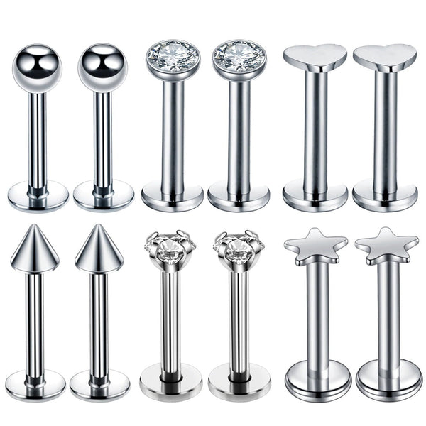 Silber Piercing-Set aus Chirurgenstahl 316L mit Zirkonia für Helix, Tragus und Labret - FALKENKOENIG SCHMUCK