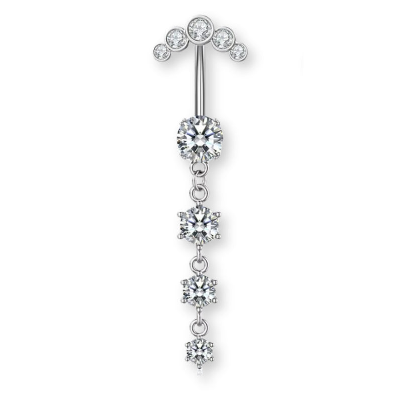 Luna-Silber Titan Bauchnabelpiercing mit vier untereinander hängenden Kristallen – tropfenförmiger Look, glänzend, elegant und hautfreundlich.
